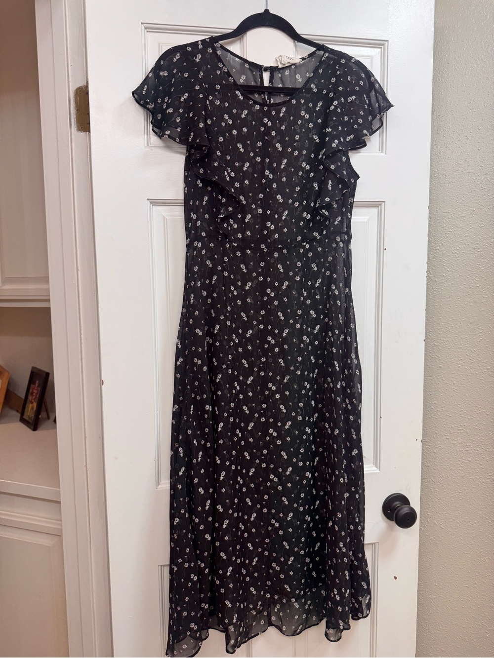 Black Ditsy Floral Chiffon Ruffle Maxi Dress Size L